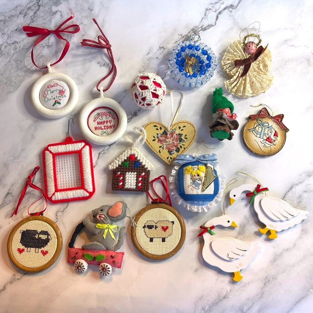 16pc Vintage Handmade Christmas Ornament Lot Cottagecore Needlepoint Folk Art